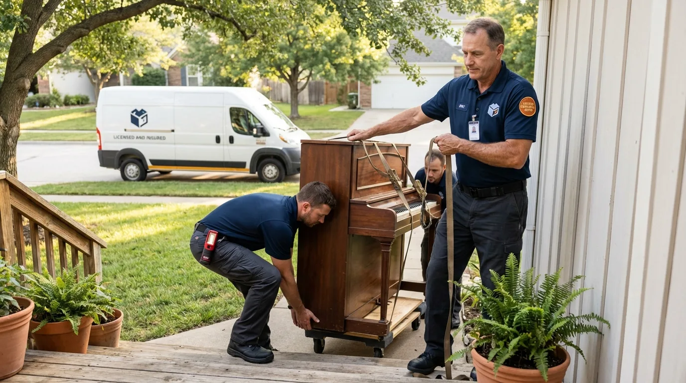 Licensed piano movers securing grand piano in Pinehurst, ID