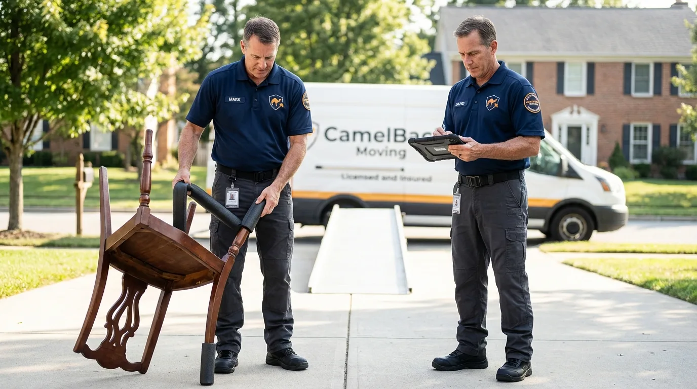 Movers inspecting furniture for damage prevention before loading in Pinehurst, ID