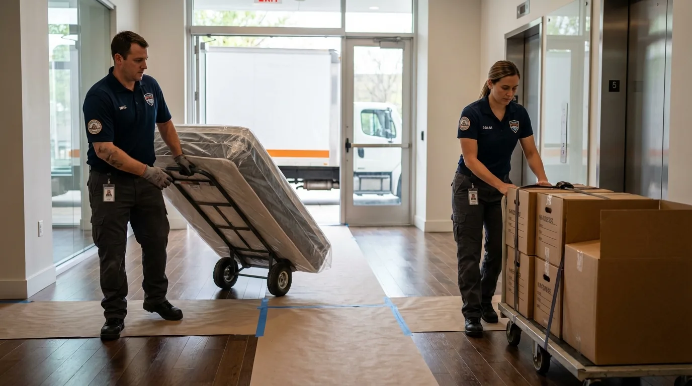 Professional apartment movers loading elevator in Pinehurst, ID