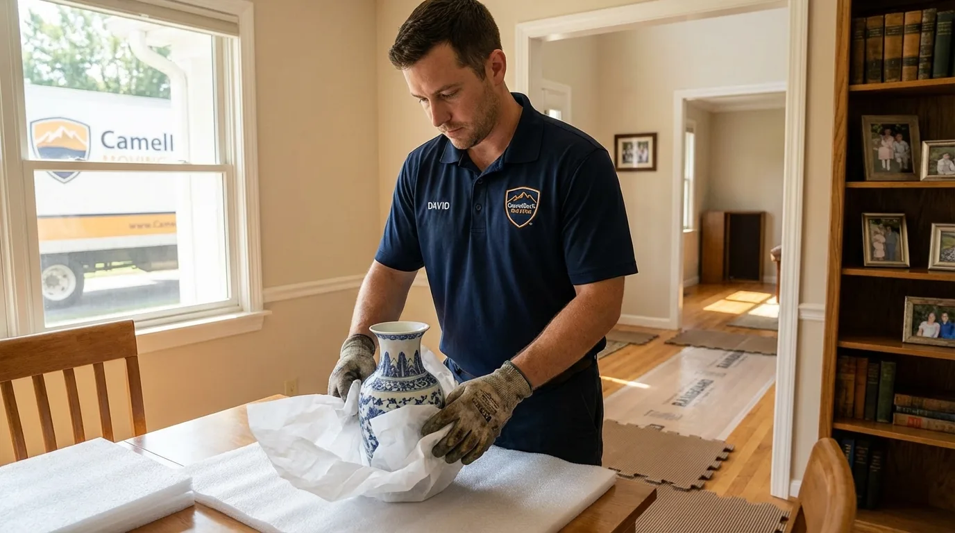 Professional crew carefully wrapping antique vase for senior downsizing move in Pinehurst, ID
